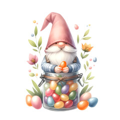 Adorable Easter Gnome. Watercolor Illustration Clipart.