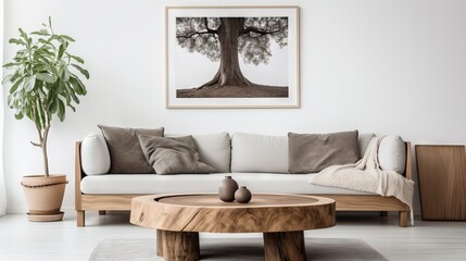 Wooden stump coffee table and grey sofa in minimalist living room with poster frame on white wall. Nordic style home decor.