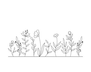 Hand-drawn wild flowers sketch set isolated on white background. Spring herbal design. Black Silhouettes Of Grass, Flowers And Herbs.