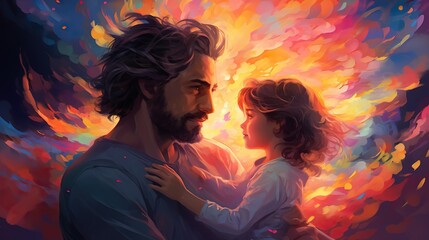 A loving father holds his little daughter in his arms - obrazy, fototapety, plakaty