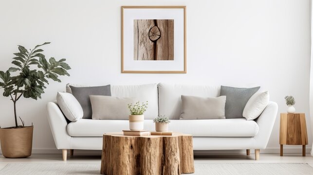 Fototapeta Wooden stump coffee table and grey sofa in minimalist living room with poster frame on white wall. Nordic style home decor.