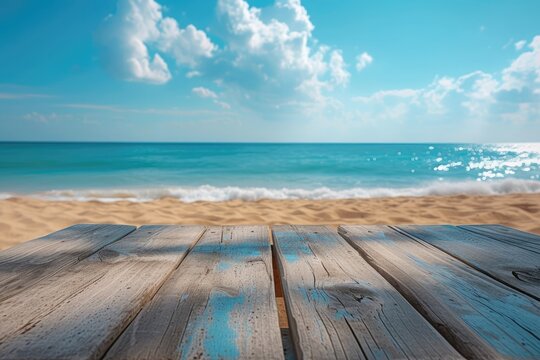 Empty wooden table with beach background. photo for advertising. Generative AI