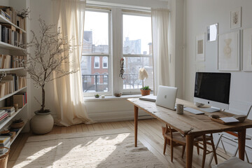 Minimalist Scandinavian Interior Home Office Room, Home Workstation Chair and Desk Couch Sofa 