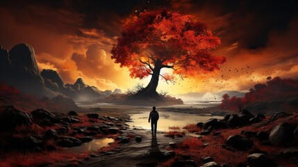 a man standing alone near an orange tree