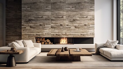 Cozy and elegant living room with white corner sofa and fireplace in Scandinavian style - obrazy, fototapety, plakaty