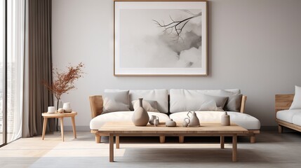 Modern and cozy living room with white sofa, square coffee table, rustic cabinets, and blank poster frames in Japanese style home interior design