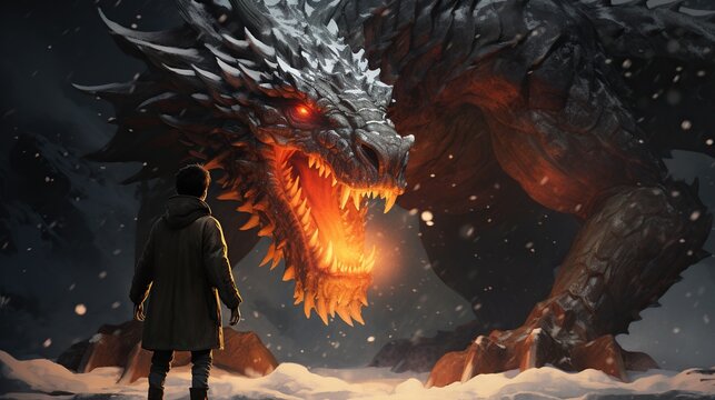 a man standing by a fire dragon in the snow