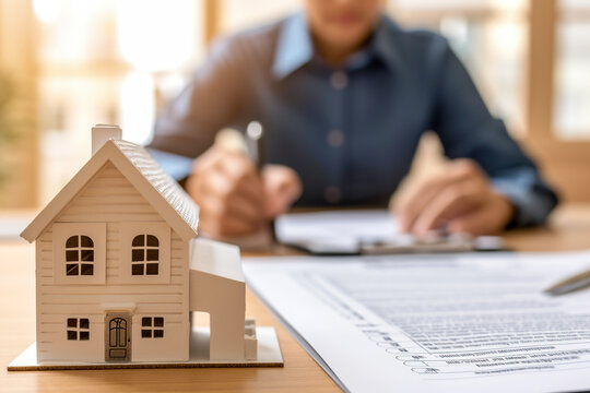 House model on the table, real estate agent or customer signing contract to buy house, insurance or mortgage loan