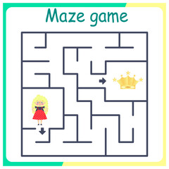 Children's logic game on passing the labyrinth. Educational game for children. Attention task. Choose the right path. Funny cartoon character. GIRL AND CROWN