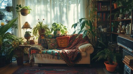 An eclectic interior design with mismatched vintage furniture and colorful accents, an overstuffed sofa draped with bohemian throws and cushions, shelves adorned with quirky knick-knacks and potted pl