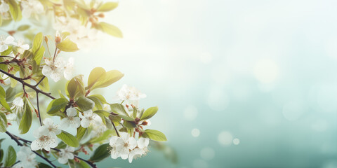 Spring banner with cherry blossom and light copy space. Spring season concept.  Shallow depth of field.
