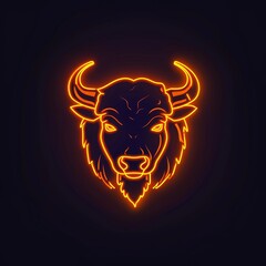 Flat logo bison neon style on a black background. Neon style.