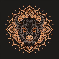 Flat logo bison Mandala style on a black background. Mandala style.