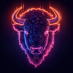 Flat logo bison neon style on a black background. Neon style.