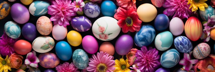 Fototapeta na wymiar Top view of colorful Easter eggs with flower decoration on black background. Multicolor painted eggs banner. Generative AI.