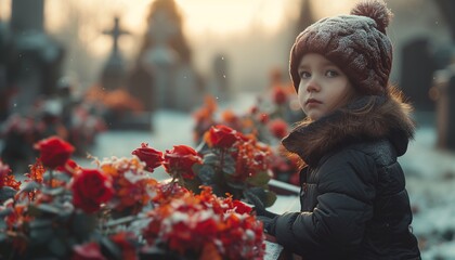 Mourning Family and Grieving Child Paying Respects at Funeral Service in Cemetery