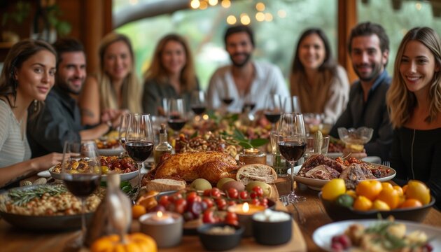 Feast Gathering: Close-Up of Group Enjoying Meal Together at Dining Table - Powered by Adobe