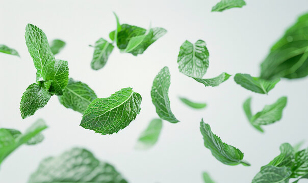 mint leaves float in the air in white background.