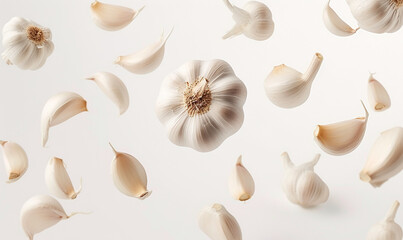 slice of garlic float in the air in white background. - obrazy, fototapety, plakaty