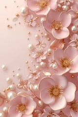 Whimsical Elegance, 3D Pink Gold Flowers and Pearls Creating a Delicate Atmosphere with Ample Space for Text.