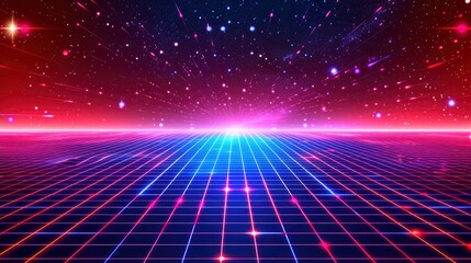 Retro Synthwave Dream, A 90s CG Animation Background Bathed in Red, White, and Blue Neon Hues, Nostalgic Vibes of a Classic Synthwave Screensaver.