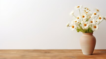 Beige clay vase with chamomile bouquet on wooden table against white wall. Minimalist home Decor with natural elements and copy space.