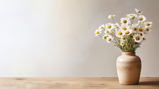 Beige clay vase with chamomile bouquet on wooden table against white wall. Minimalist home Decor with natural elements and copy space.