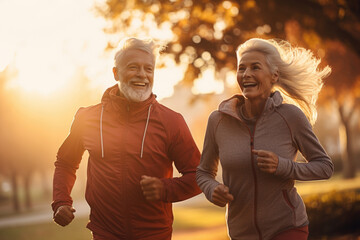 Fototapeta premium Senior couple jogging in a park at dawn, showcasing active lifestyle in later years. Concept of health and vitality in aging. Generative Ai.
