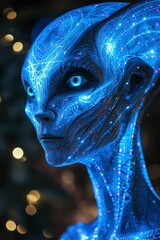 Alien Entity with Skin Crafted from Energy in White and Blue Hues, Sacred Geometry, Glowing Eyes, and a Luminous Background.