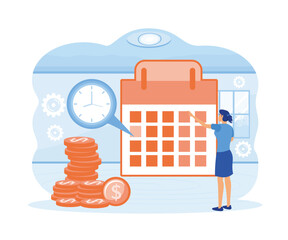 Fototapeta na wymiar Payday date concept. Woman check pay schedule or payroll. flat vector modern illustration 