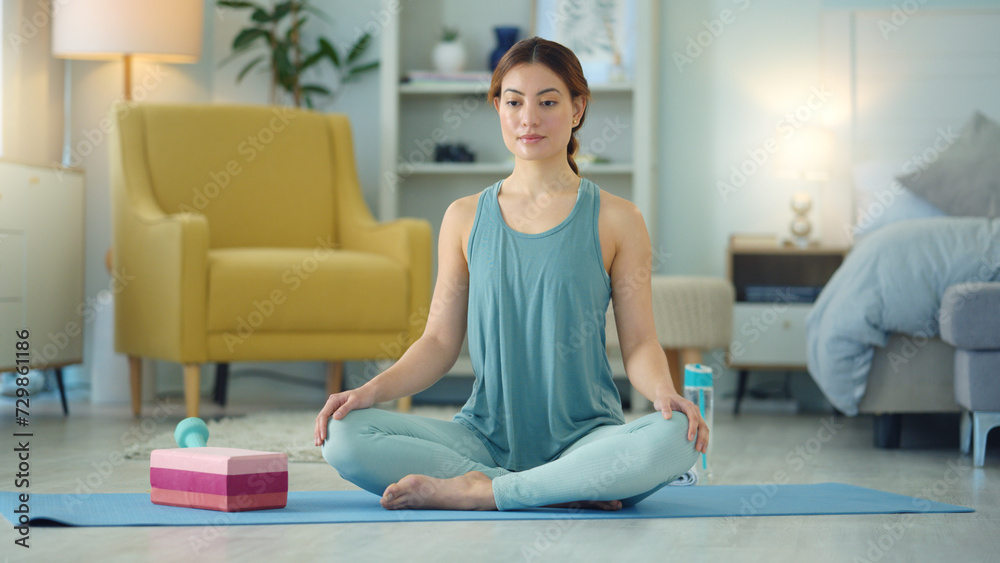 Wall mural Exercise woman, yoga stretching and home fitness in living room floor for wellness, balance training and strong body. Healthy lady, pilates focus and flexible cobra workout training in house lounge