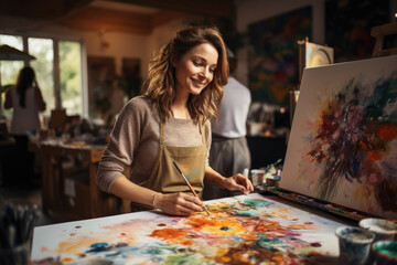 Art therapist guiding a painting session, using creativity for emotional expression. Concept of art therapy and healing. Generative Ai.