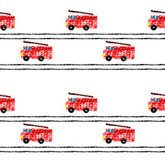 Primitive fire cars in kids style.  Fire truck seamless pattern. Simple kids illustration hand drawn by crayola or pencils - obrazy, fototapety, plakaty