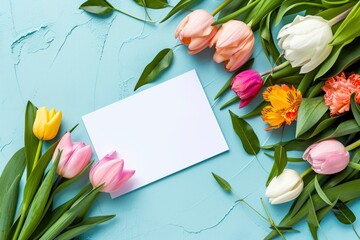 Spring vacation greeting card template, blank space for text, colorful, bright, professional photo, studio shooting