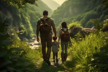 Family hiking through a lush green forest, enjoying the beauty of nature. Concept of family bonding and nature exploration. Generative Ai.