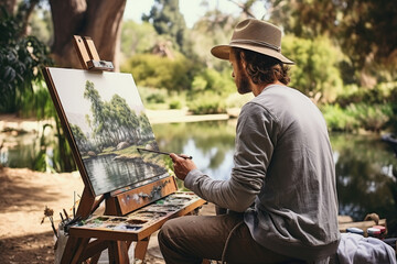An artist painting a landscape en plein air, capturing the essence of the natural world. Concept of...