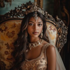 A stunningly beautiful queen Tara is wearing a royal dress and looking at the camera - obrazy, fototapety, plakaty