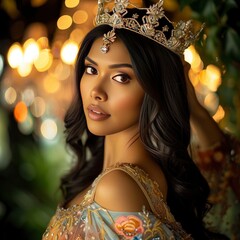 A stunningly beautiful queen Tara is wearing a royal dress and looking at the camera - obrazy, fototapety, plakaty