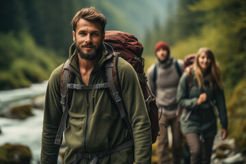 Fototapeta premium A group of friends on a nature photography expedition, capturing the diverse landscapes. Concept of photography and the diversity of natural scenery. Generative Ai.