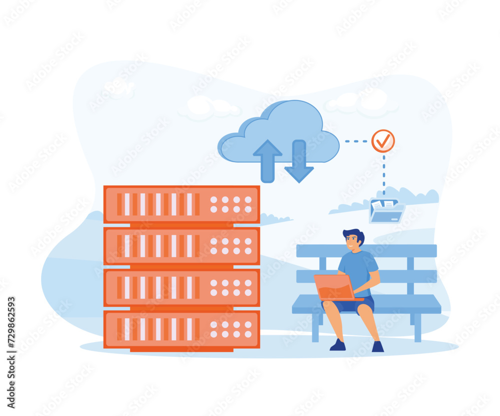 Poster cloud storage concept. digital hosted storage, database security, data infrastructure service, cloud