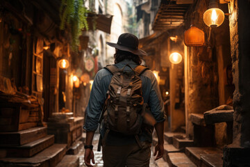 Solo traveler navigating an ancient city's narrow alleyways, discovering hidden cultural gems. Concept of cultural exploration and solo travel. Generative Ai.