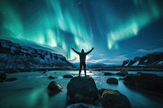 A person standing under the Northern Lights, witnessing the magical dance of nature's light show. Concept of once-in-a-lifetime experiences and natural phenomena. Generative Ai. © Sebastian