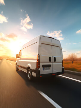 Transport van on the road delivering goods against sunset blue sky background. Commercial van is delivering cargo to countryside