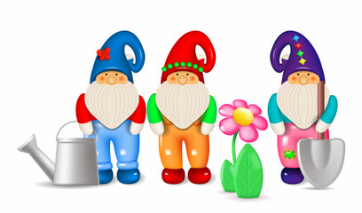 Garden dwarfs. Figures of a small bearded gnomes with garden tools - 729863109