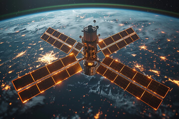 A satellite orbiting the Earth, capturing real-time data and imagery that contributes to global weather monitoring and scientific research. Concept of satellite technology. Generative Ai.
