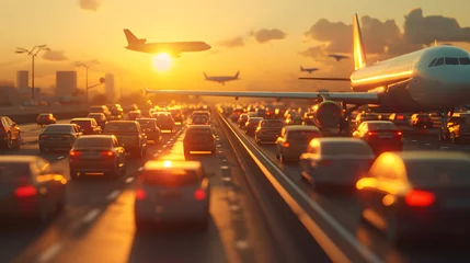 Foto op Plexiglas Nighttime City Traffic, A bustling urban scene illuminated by streetlights with cars speeding along the roads and airplanes flying in the sky under colorful sunset sky on the highway. © Some
