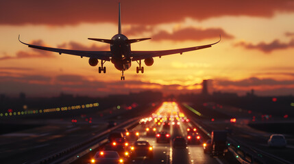 Nighttime City Traffic, A bustling urban scene illuminated by streetlights with cars speeding along the roads and airplanes flying in the sky under colorful sunset sky on the highway.
