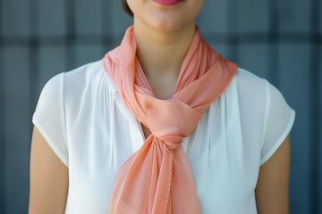 businesswoman with a peach scarf neatly tucked into a white blouse