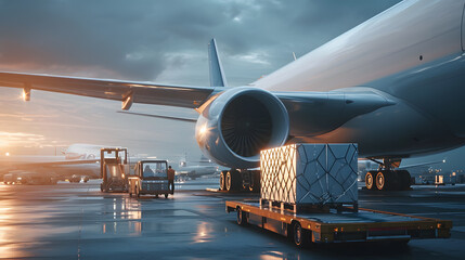 Air cargo logistic containers are loading to an airplane. Air transport prepares for loading cargo on planes, Ground handling preparing freight airplane before flight. - obrazy, fototapety, plakaty