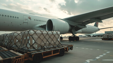 Air cargo logistic containers are loading to an airplane. Air transport prepares for loading cargo on planes, Ground handling preparing freight airplane before flight.